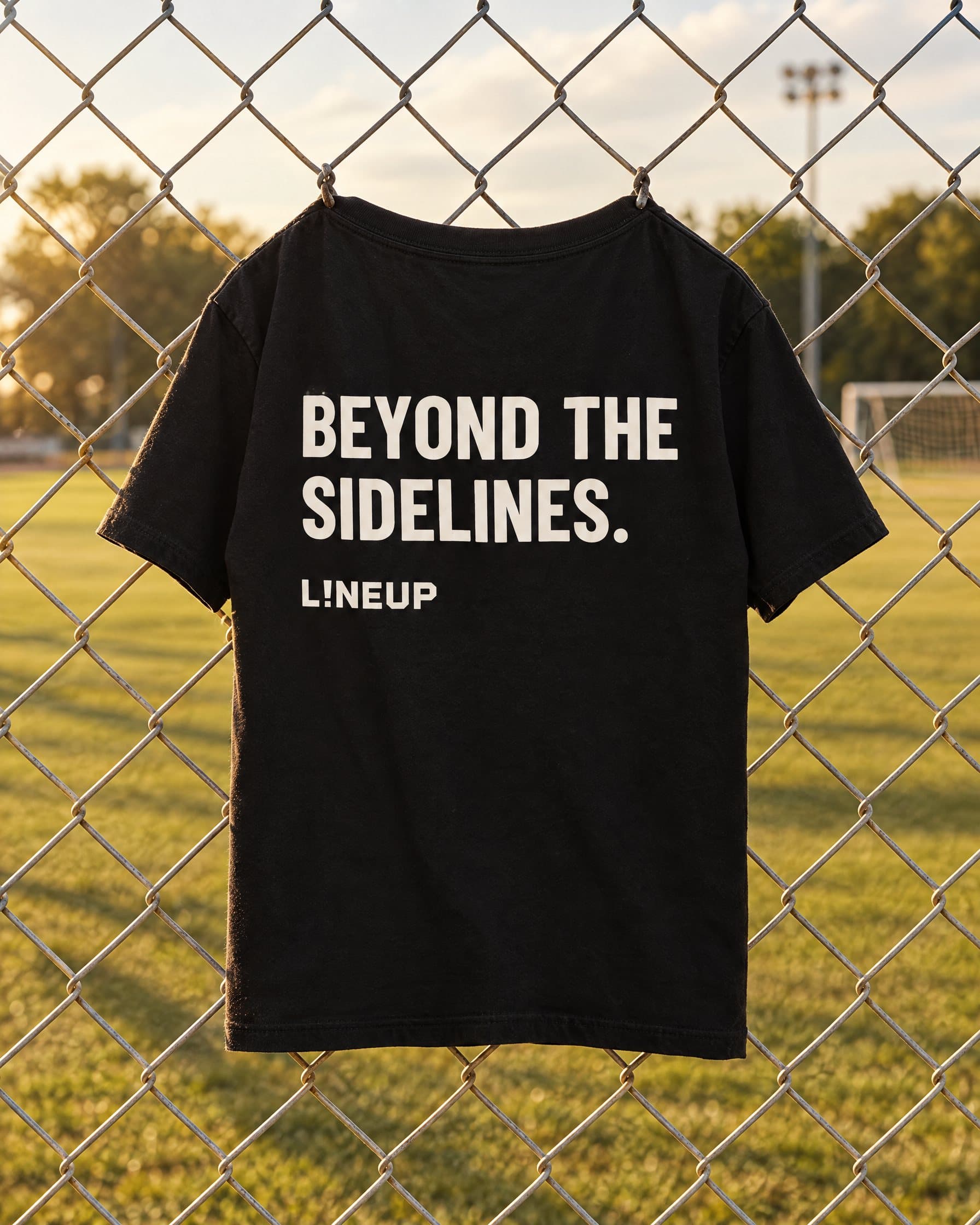 The Sidelines Tee hanging on a fence beside a sports field
