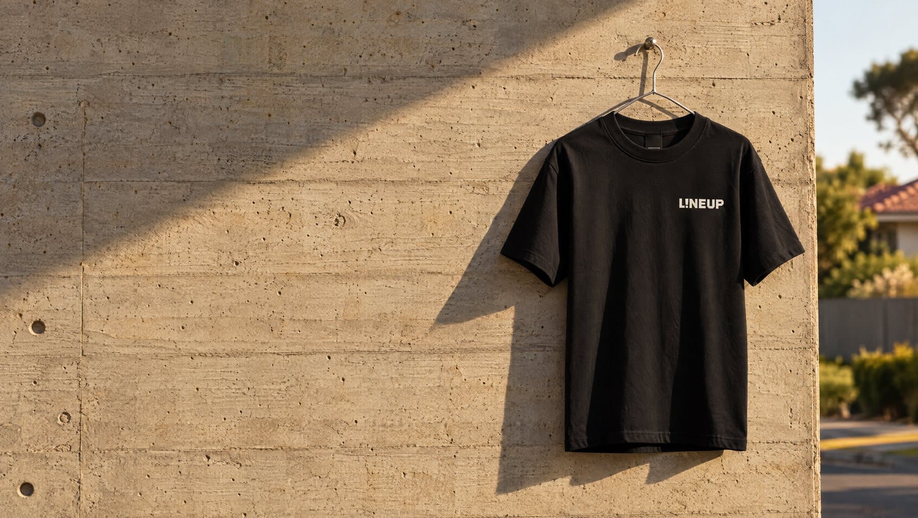 An ink LINEUP tee on a hanger against a sunlit concrete wall